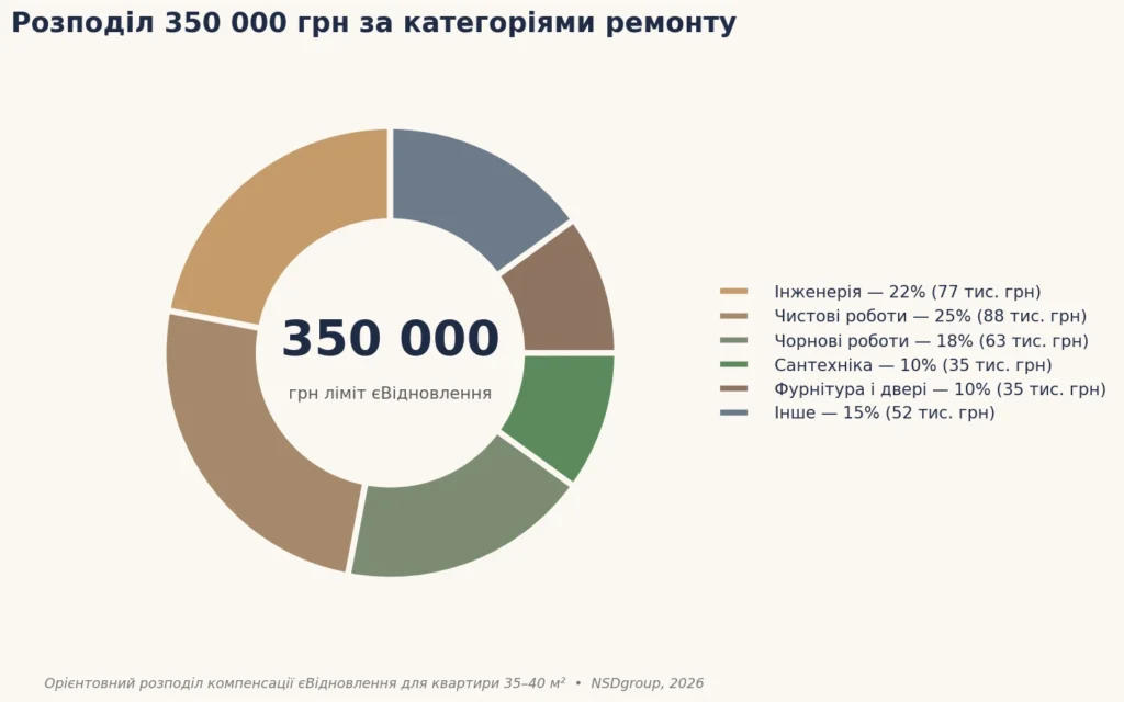 Орієнтовний розподіл 350 000 грн за категоріями робіт у 2026 році